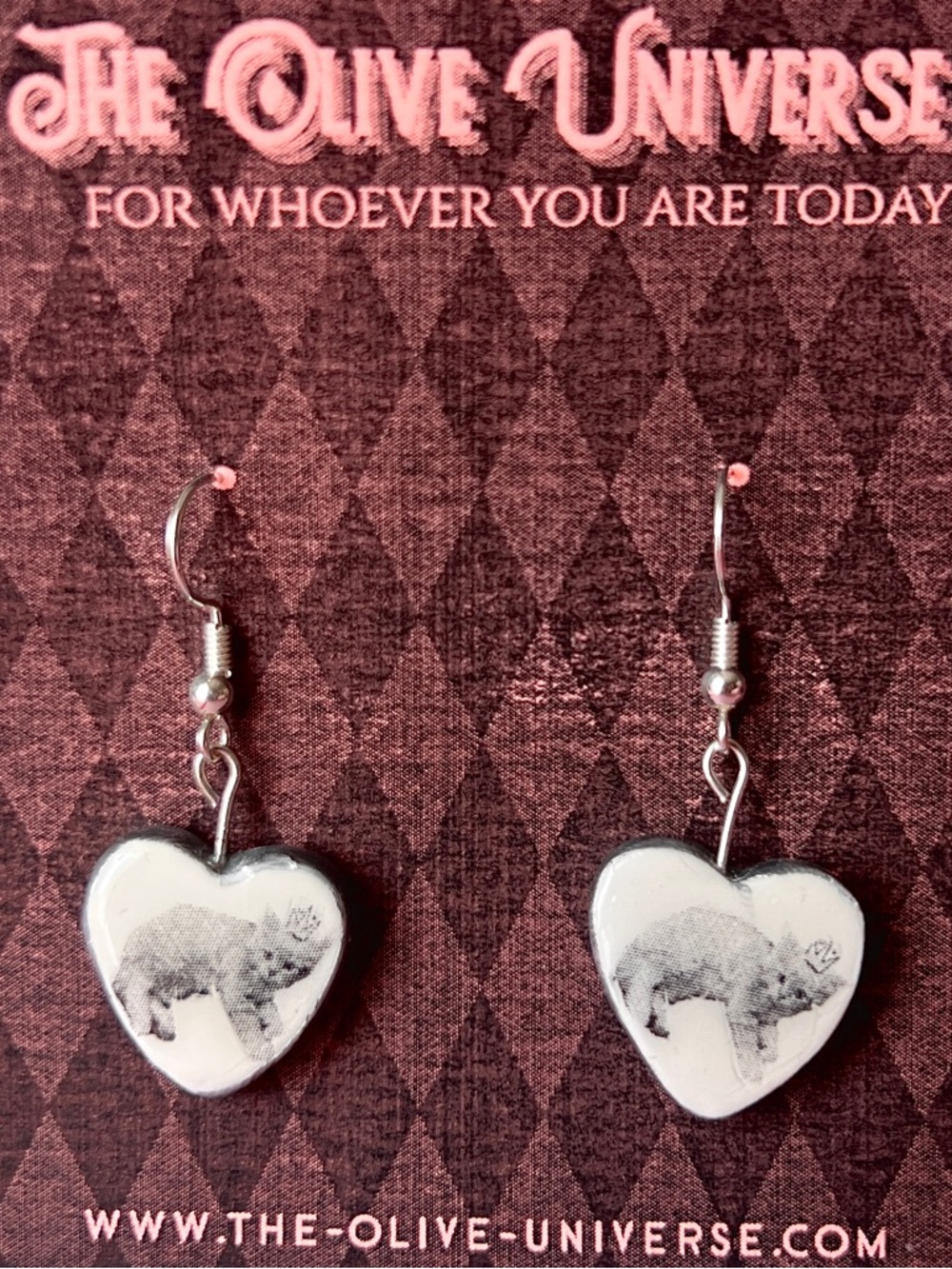 Princess Kitten Heart Earrings | Crown Cat Charm | White Polymer Clay